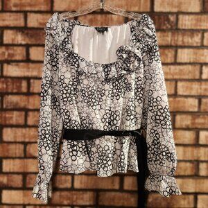 Adrianna Papell Evening Abstract Long Sleeve Ruffle Collar Belted Blouse 14 EUC